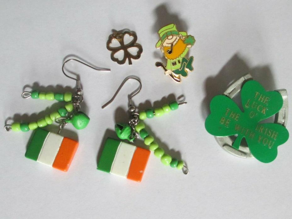 ST PATRICK'S DAY jewelry lot LUCK IRISH pin flag earrings CLOVER charm holiday