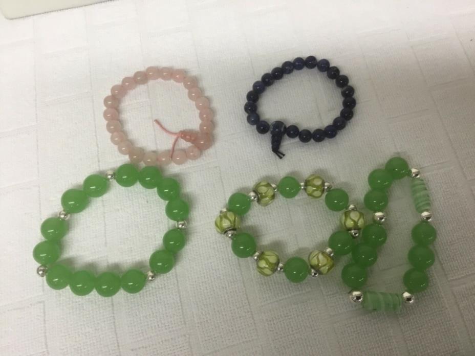 glass bead bracelet lot of 5 green pink blue stretchy