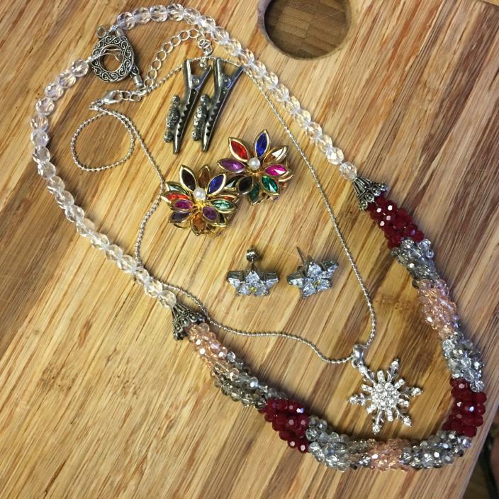 Christmas Jewelry Lot~Crystal Snowflake Necklace CZ Poinsettia Earrings HairClip