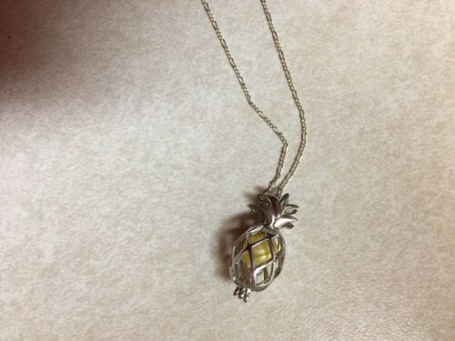 Vintage Sterling Silver Pineapple Cage Pendant With Yellow Pearl 21 “ Necklace