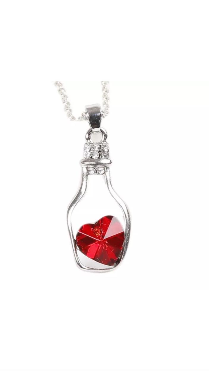 Glass Wishing Bottle Pendant loving heart Crystal Necklace red USA Seller