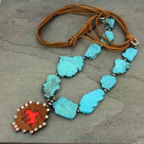 Long Western Cowgirl Rodeo Faux Turquoise Slab Wooden Bronco Horse Pendant Neckl
