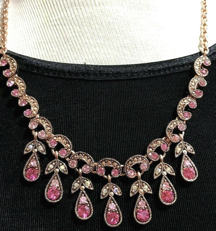 Pink Rhinestone Necklace Floral Teardrops Copper-Color Chain 21