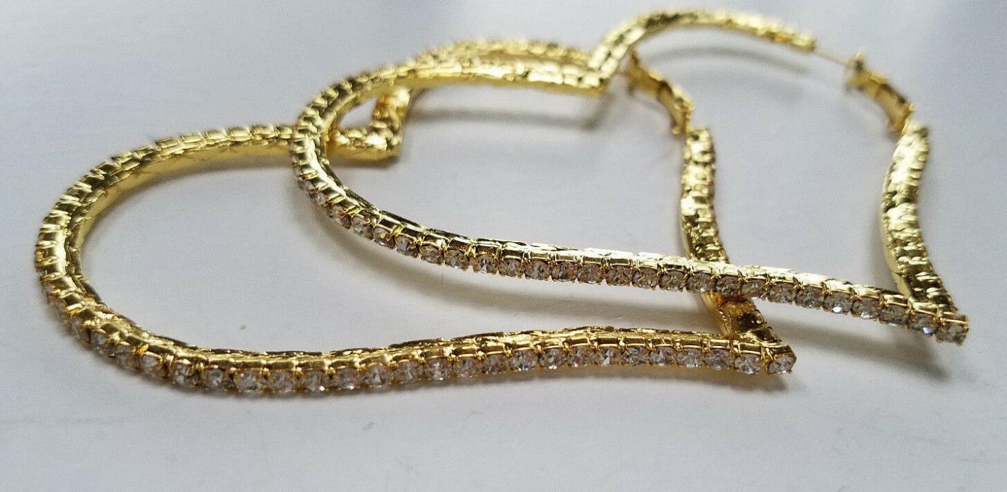 Hearts Big Hoop Gold Earrings  White Sparkling Crystals  Fashion  Lady Girls NEW