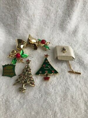 Vintage lot 6 CHRISTMAS  pins gold tone Brooch trees bells tie tac xmas