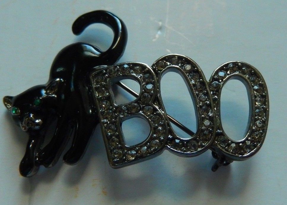 Halloween Black Cat BOO Brooch Pin Enamel Green Eyes Silver Tone Rhinestones ~2