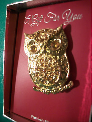 GREAT GIFT NEW DECORATIVE AMBER GLASS & GOLD TONE OWL PIN BROOCH