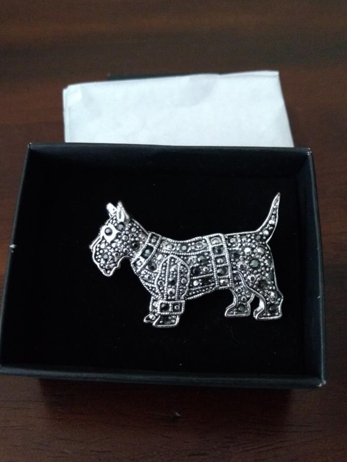 Scottish Terrier Dog Silver Tone Metal And Marcasite Brooch NWOT