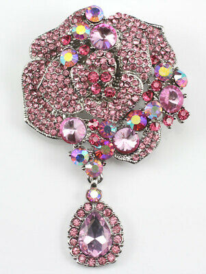 Pink Designer Rose Austrian Rhinestone Crystal Bridal Wedding Brooch Pin