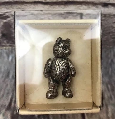 Fully Jointed RUSS Pewter Teddy Bear Brooch Scarf Pin in Original Box