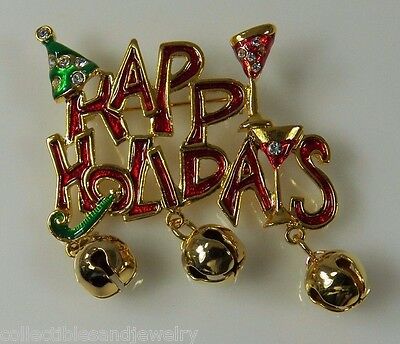 Happy Holidays Festive Christmas Pin Brooch with Jingle Bells Rhinestones