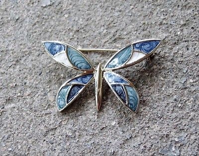 Enamel BUTTERFLY PIN Silvertone with Teal, Blue & White, 1-13/16