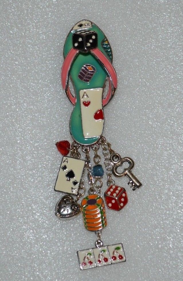 Vtg Brooch Lucky Charm Casino Flip Flop Dice Playing Cards