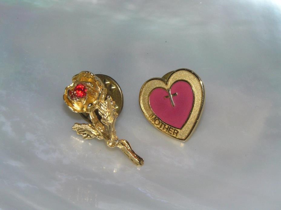 Estate Lot of 2 Small Christian Red Enamel Goldtone Mother Heart & Rose Pin  –