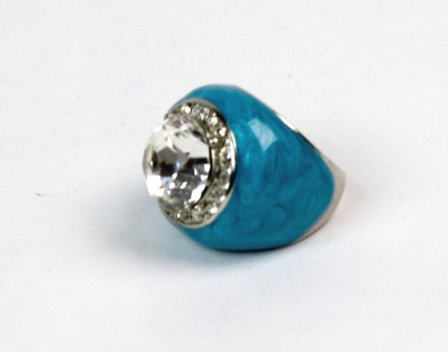Contemporary Round Glass Blue Enamel Silver Tone Ring Cocktail Size 6