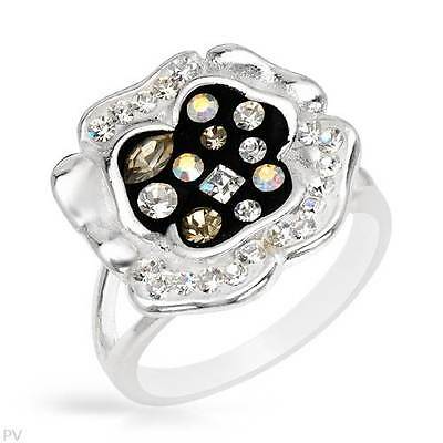 Sterling Silver Black enamel and crystal Flower ring Sz. 7