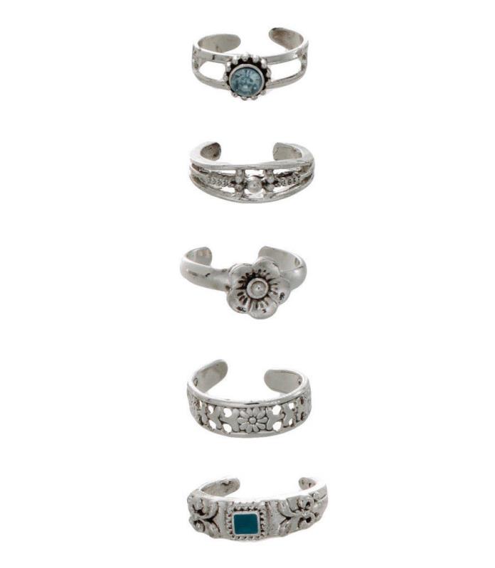 NEW No Boundaries 5 Piece Set Adjustable Toe Rings Flower Blue Silver Jewelry