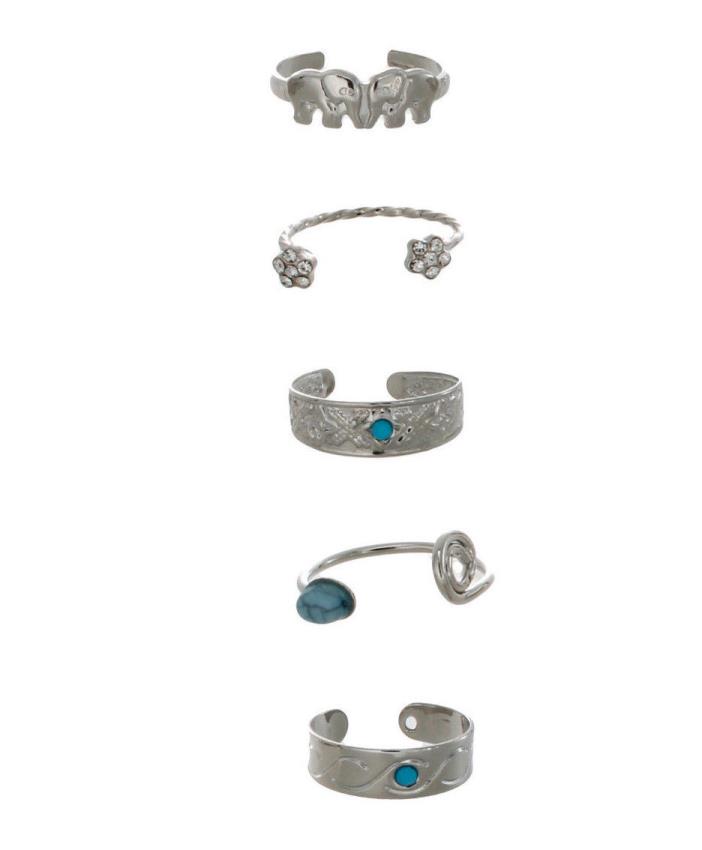 NEW No Boundaries 5 Piece Set Adjustable Toe Rings Elephant Silver Boho Jewelry