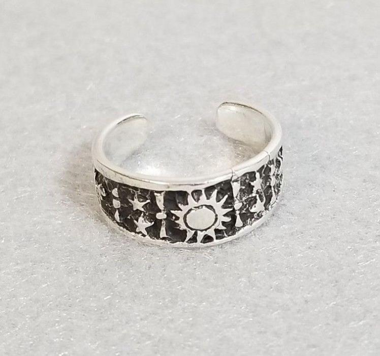925 Sterling Silver SUN & MOON Etched Toe Ring - Size Adjustable