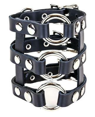 Triple O-Ring 3-Row Black Leather Strappy Bracelet Wristband Goth Punk Grunge