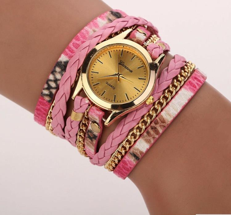 Wrist Wrap Bracelet - Leopard & Braided Straps - w/Quartz Fashion Watch