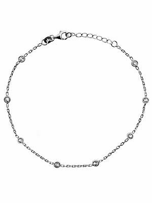 Sterling Silver Anklet Ankle Bracelet with 3mm Cubic Zirconia Adjustable