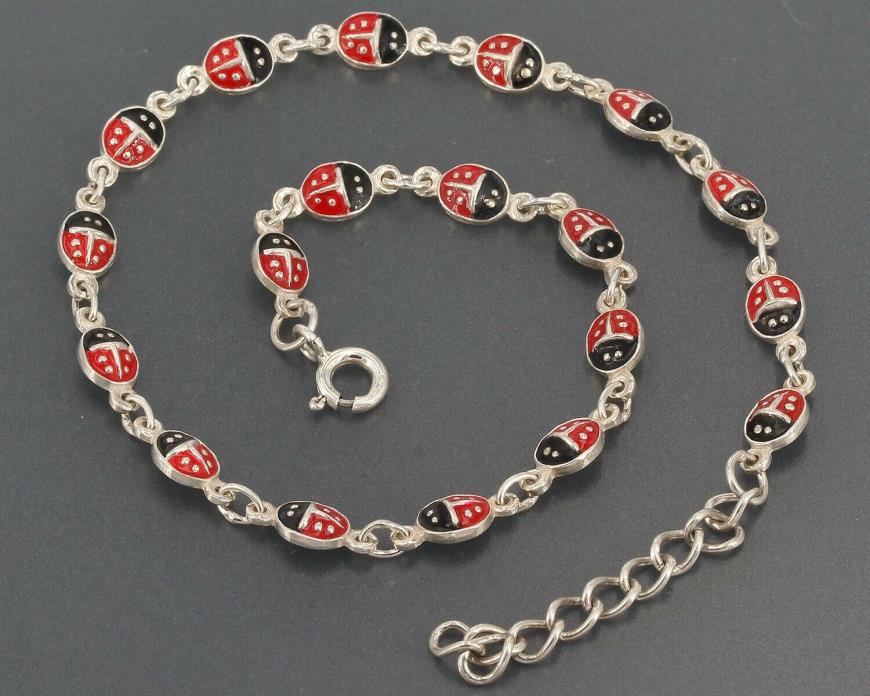 Dainty Sterling Silver Red & Black Enamel Lucky Ladybug Ankle Bracelet Anklet