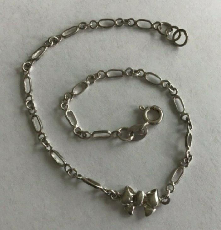 Vintage Marked 925 Sterling Silver Bow Charm Chain Link Anklet 9 Inch 3.3 Grams