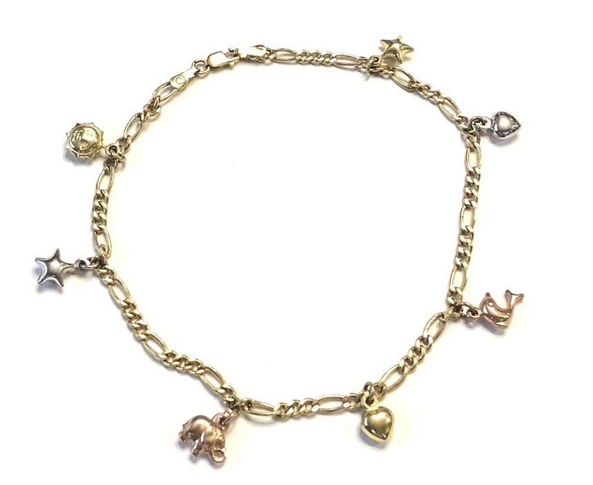 14k Multi-Tone Gold Ladies Charm Ankle Bracelet, Anklet with Charms, 5.4 Grams