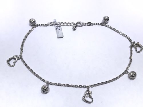18k Solid White Gold Adjustable Diamond Cut Dangling Lucky Charm Anklet
