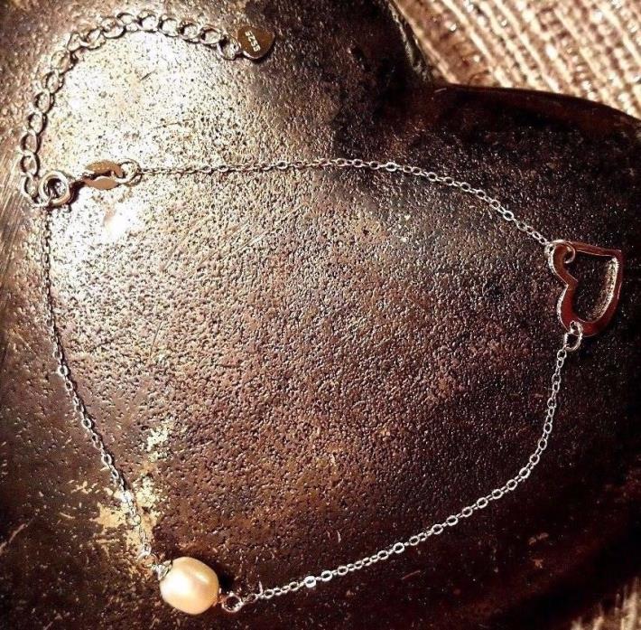 Freshwater Pearl Heart Ankle Bracelet .