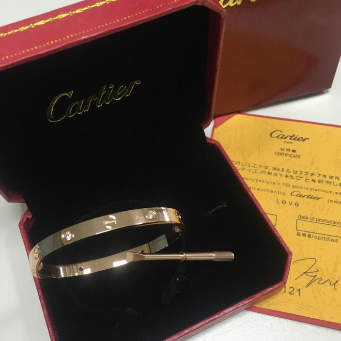 Cartier 18k Rose Gold Love Bracelet 4 Diamonds Size 17