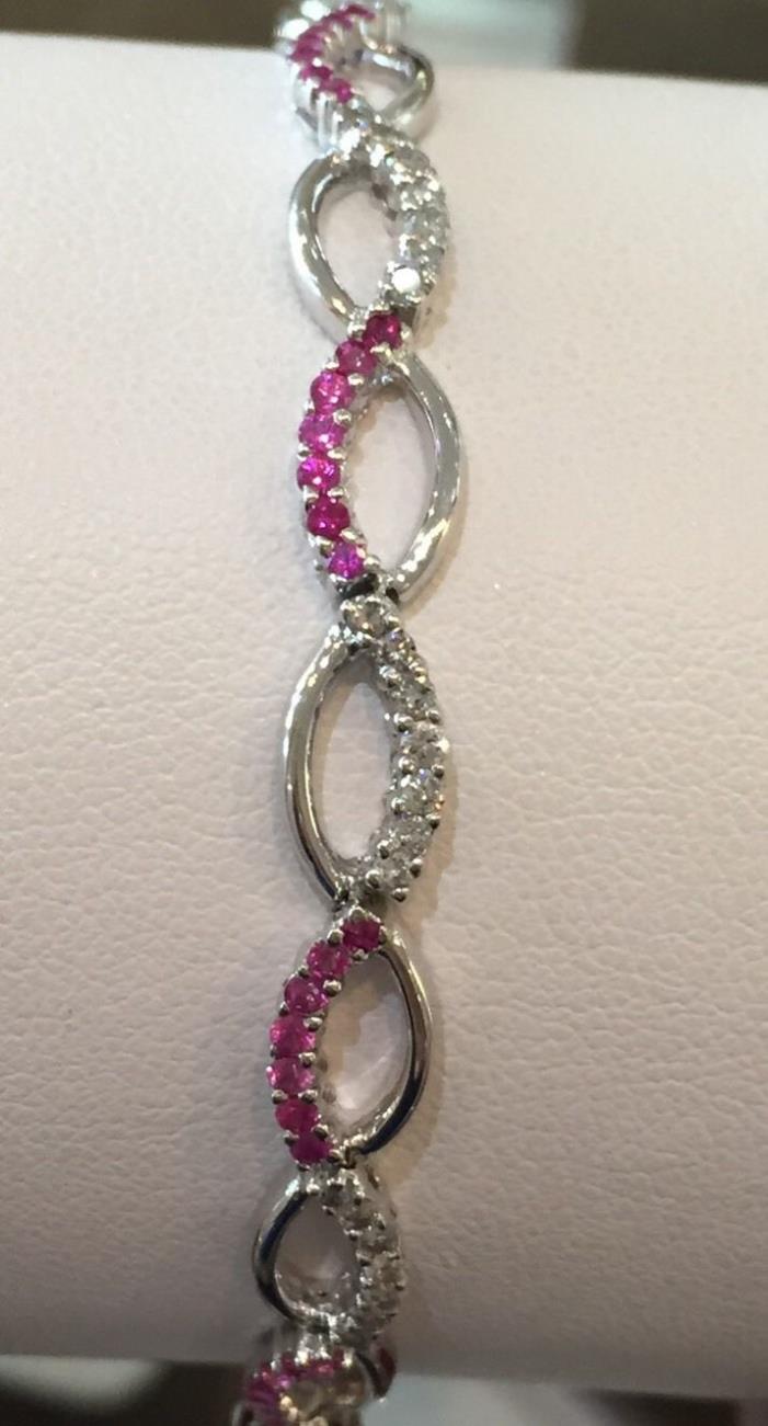 NEW 18K WHITE GOLD NATURAL PINK SAPPHIRE & DIAMOND TWSIT STYLE BRACELET 7IN