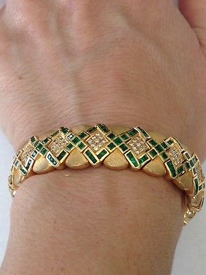 Diamond emerald bangle bracelet 18k yellow gold princess cut round 70 Gram