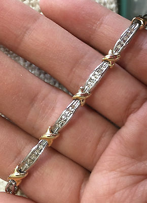 10k 2Tone Gold Natural Diamond Tennis Link Bracelet Anniversary Gift