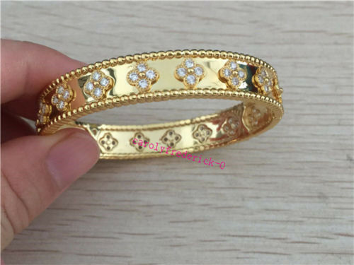 Van Cleef & Arpels 18k Yellow Gold Perlee Diamond Clover Bangle Bracelet SZ 17