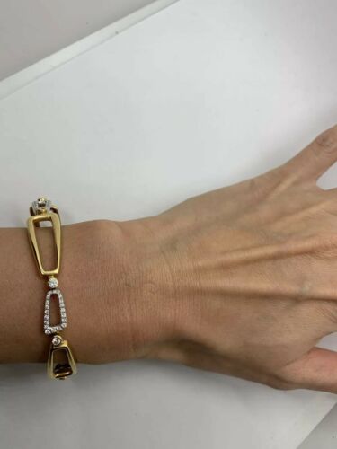 Signed 18k two tone yellow white gold diamond geometric link bracelet 7.2