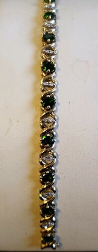 10K Solid Yellow Gold .40TCW Natural Diamond Bracelet With Green Stones, 7.5