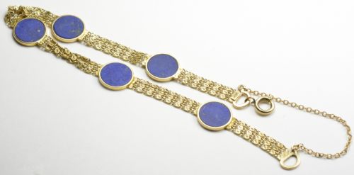14k Yellow Gold Lapis Bracelet Triple Chain w/ Safety Link 6.75
