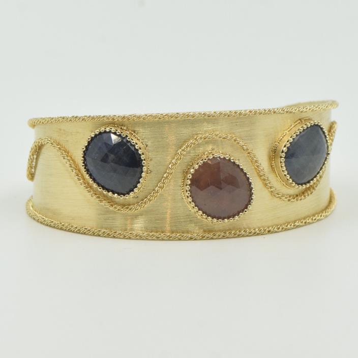 Handmade Tuscan Revival 14k Yellow Gold Natural Sapphire Slice Cuff Bracelet