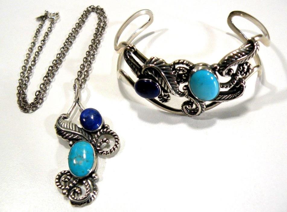 Carolyn Pollack Relios Sterling Turquoise Lapis Cuff Bracelet & Necklace Set 17