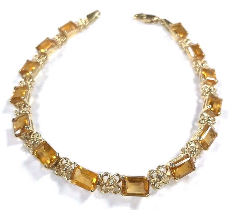 14 Karat Yellow Gold Beautiful Emerald Cut Citrine Gemstone Tennis Bracelet B95