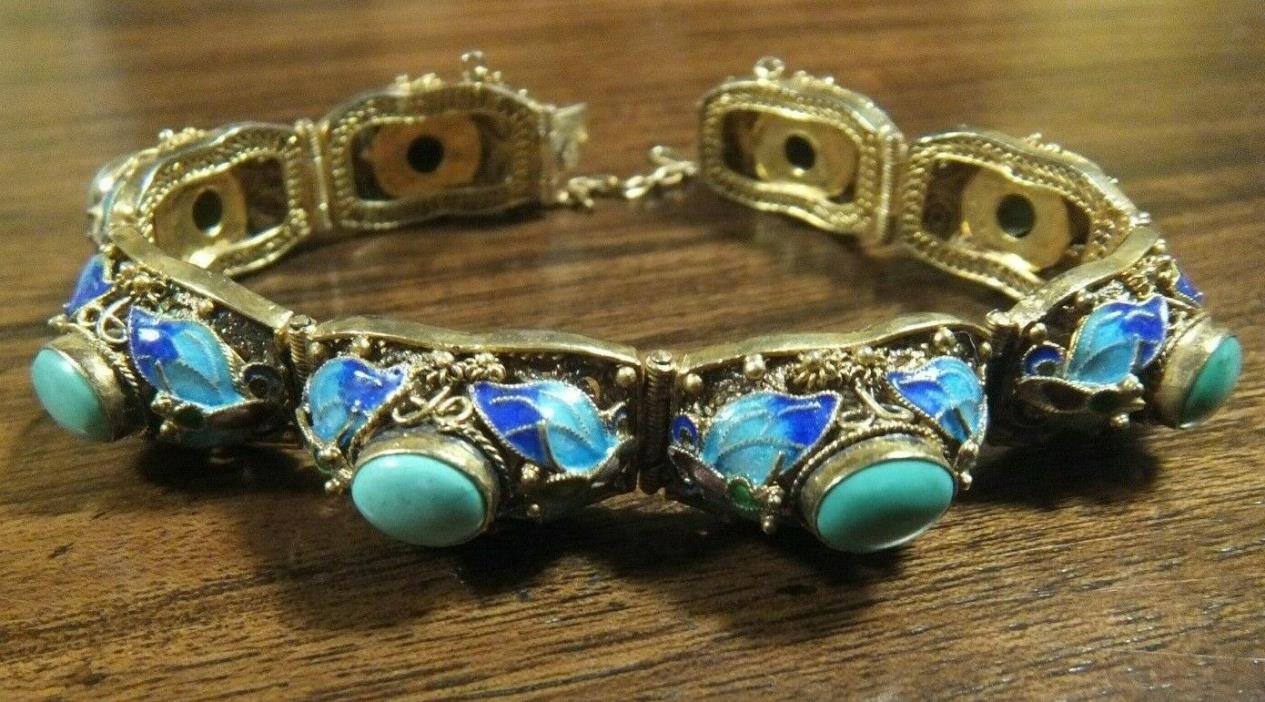 Antique Chinese export gold plated sterling enamel & turquoise bracelet
