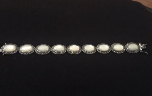 Bracelet, 7.5 inches, Mother of Pearl, Marcasite accents, 925 sterling silver