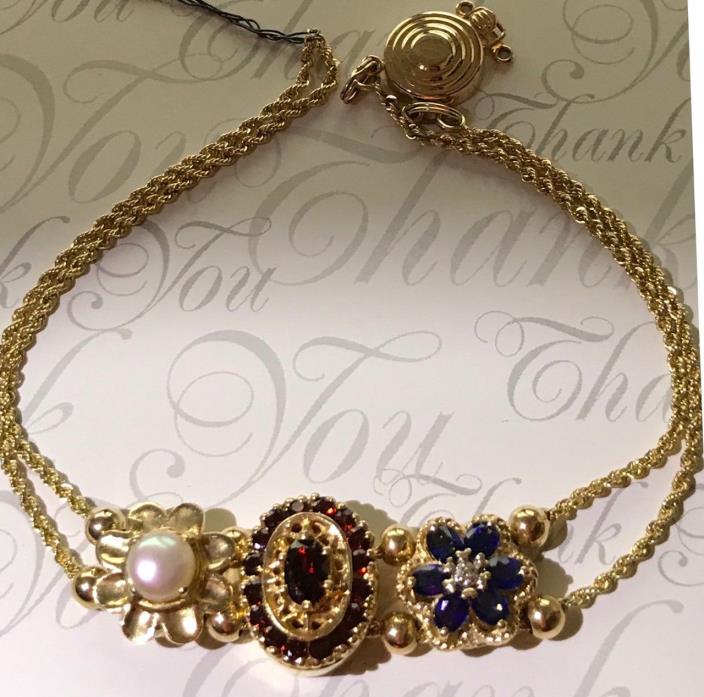 14K SLIDE BRACELET WITH LARGE OVAL GARNET, SAPPHIRE FLOWER, PEARL FLOWER - KLJCI
