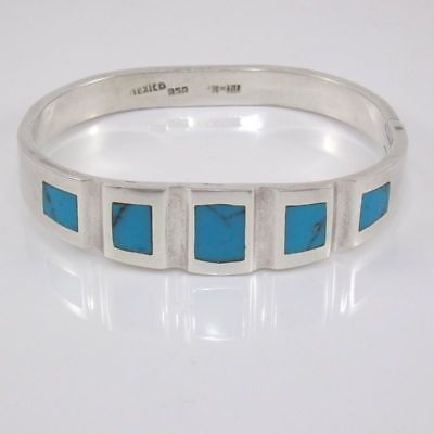 Heavy 950 Silver Turquoise Modernist Hinged Bangle Bracelet 45 Grams