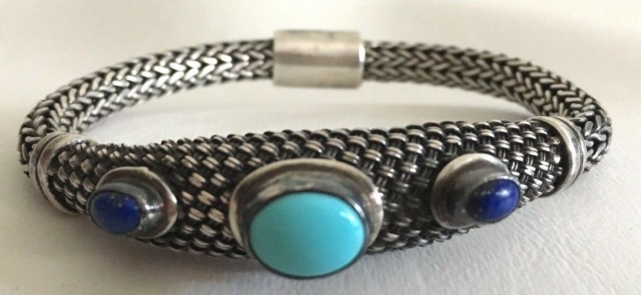 Sterling Silver Bali Indonesia Wheat Spiga Round Weave Bracelet Lapis Turquoise