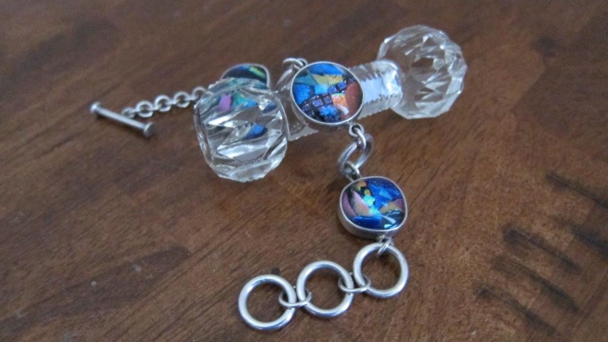 STERLING SILVER Multi-Color FOIL SHIMMER ART GLASS Link Bracelet Toggle Bar ~