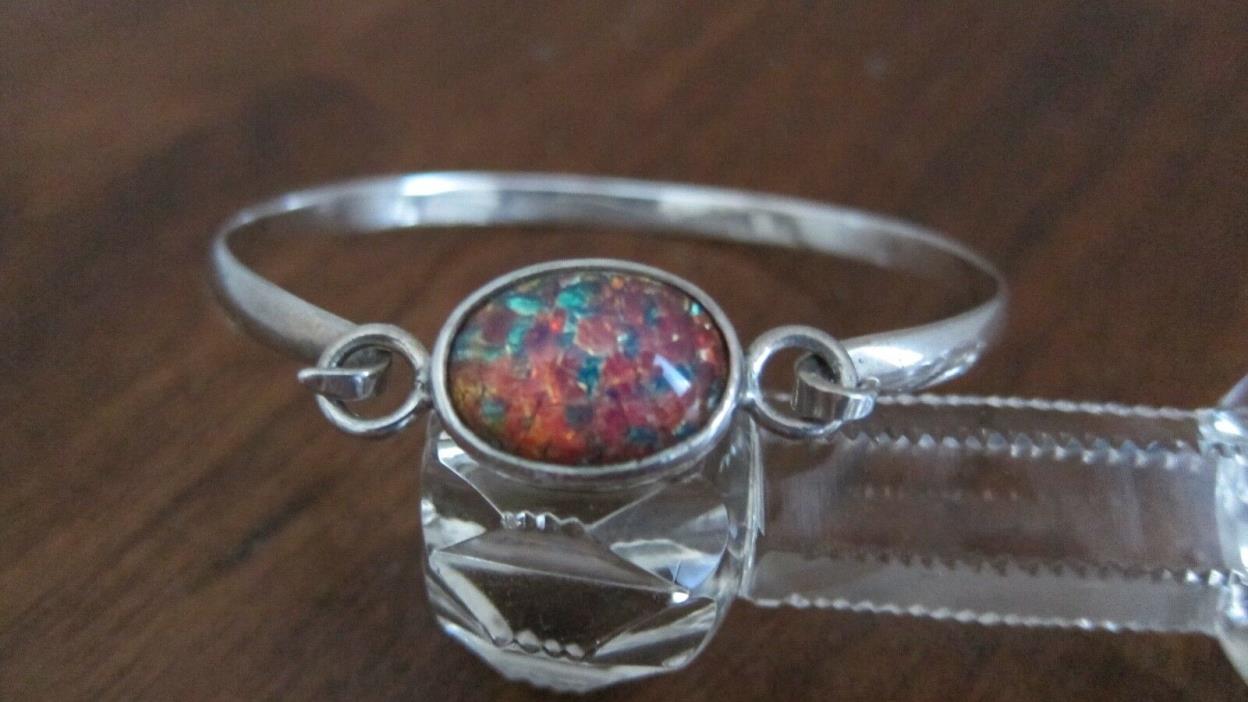 STERLING SILVER Multi-Color FOIL SHIMMER ART GLASS Bangle Hook Bracelet ~