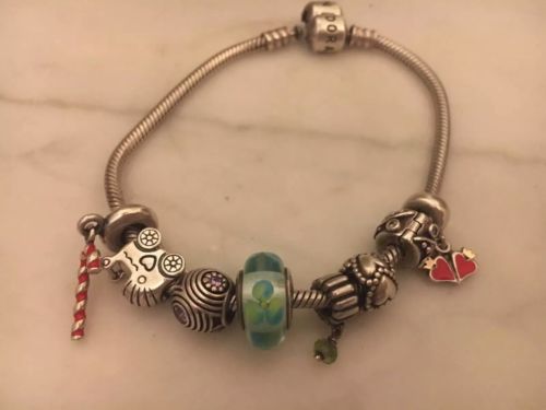 Sterling Silver Pandora Slide Charm Bracelet Baby Carriage Hearts Clasp Glass